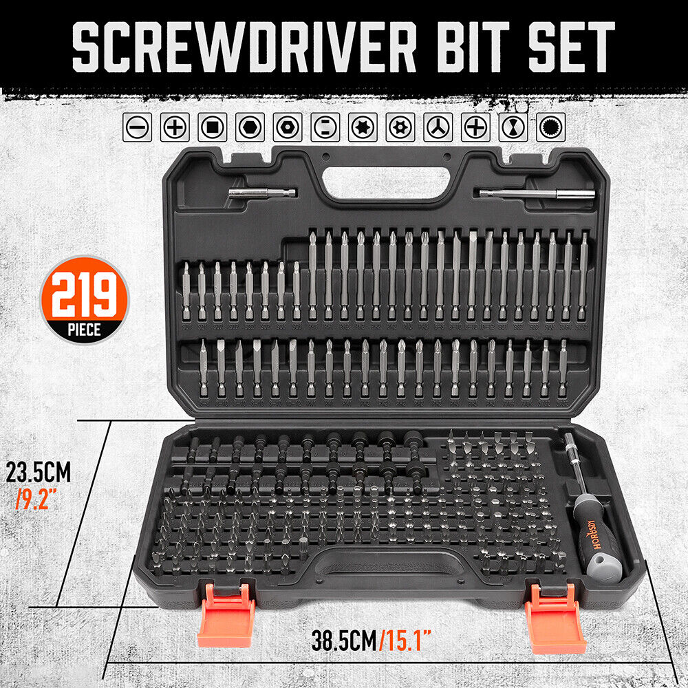 A black plastic case containing a 219-Piece Combination Security Bit Set Screw Driver Bit Tamper Proof Torx Box, organized neatly in slots. The case has a handle for easy carrying and two orange latches to secure it closed. A screwdriver handle is also visible within the essential household tools collection.