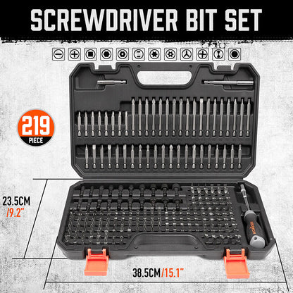 A black plastic case containing a 219-Piece Combination Security Bit Set Screw Driver Bit Tamper Proof Torx Box, organized neatly in slots. The case has a handle for easy carrying and two orange latches to secure it closed. A screwdriver handle is also visible within the essential household tools collection.