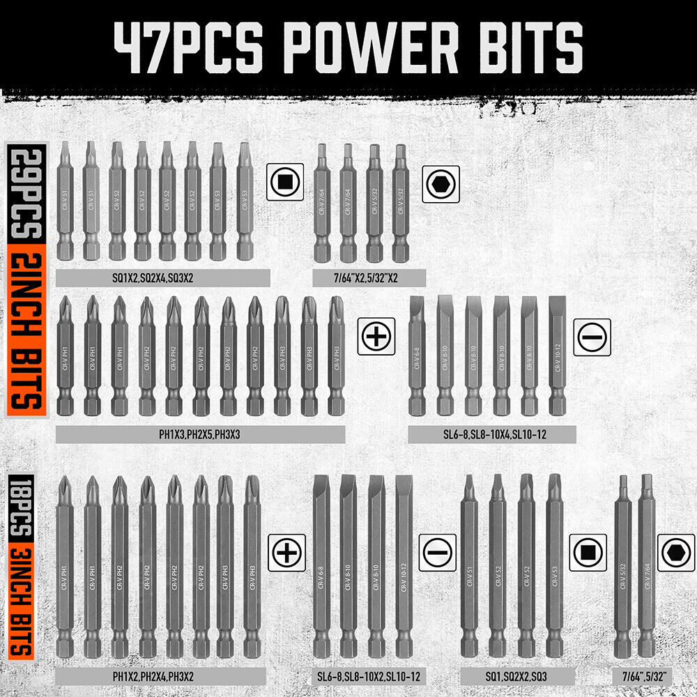 A black plastic case containing a 219-Piece Combination Security Bit Set Screw Driver Bit Tamper Proof Torx Box, organized neatly in slots. The case has a handle for easy carrying and two orange latches to secure it closed. A screwdriver handle is also visible within the essential household tools collection.