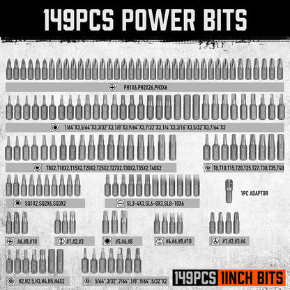 A black plastic case containing a 219-Piece Combination Security Bit Set Screw Driver Bit Tamper Proof Torx Box, organized neatly in slots. The case has a handle for easy carrying and two orange latches to secure it closed. A screwdriver handle is also visible within the essential household tools collection.