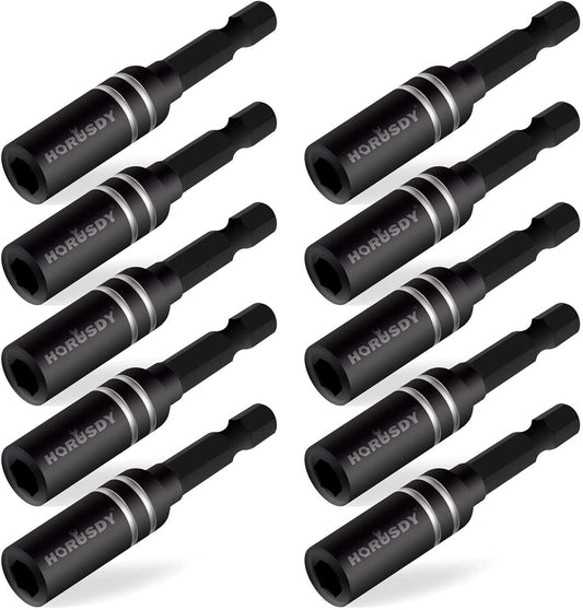 Image of ten 10Pc Magnetic Extension Socket Drill Bit Holder 1/4" Hex Screwdriver Nut Drivers arranged in two rows of five. The nut drivers, made from durable chrome vanadium steel, have the brand name "HORUSDY" written on them and feature a cylindrical shape with universal hex shanks for use with a drill or screwdriver.