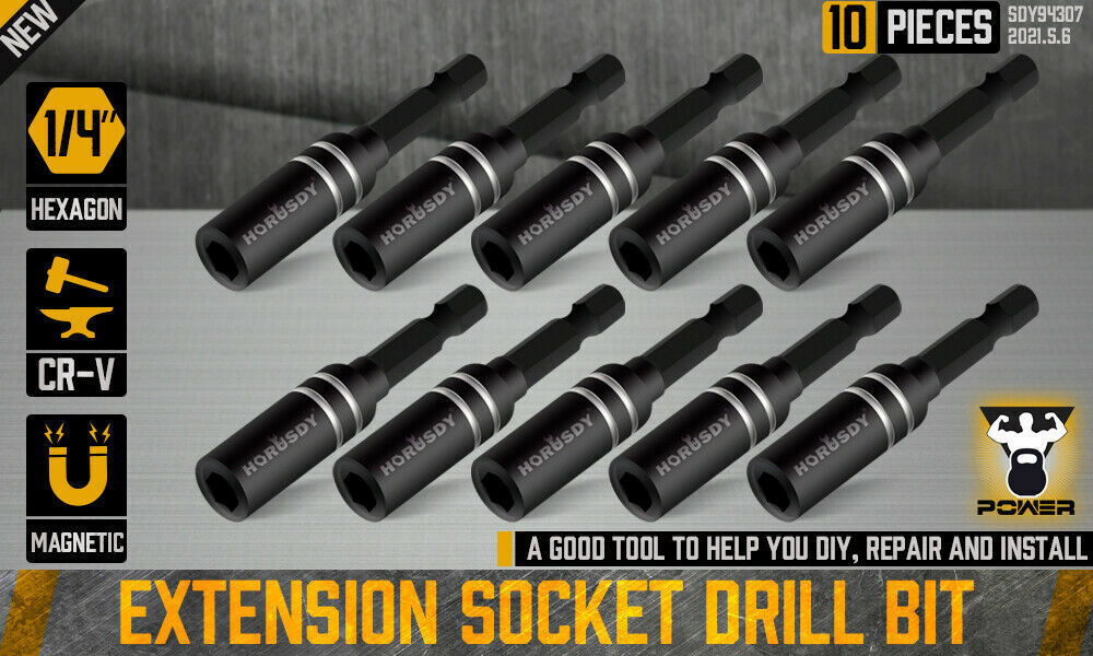 Image of ten 10Pc Magnetic Extension Socket Drill Bit Holder 1/4" Hex Screwdriver Nut Drivers arranged in two rows of five. The nut drivers, made from durable chrome vanadium steel, have the brand name "HORUSDY" written on them and feature a cylindrical shape with universal hex shanks for use with a drill or screwdriver.