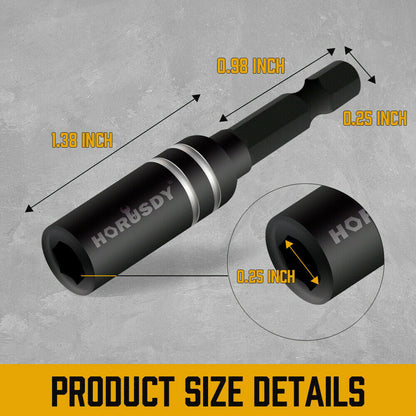 Image of ten 10Pc Magnetic Extension Socket Drill Bit Holder 1/4" Hex Screwdriver Nut Drivers arranged in two rows of five. The nut drivers, made from durable chrome vanadium steel, have the brand name "HORUSDY" written on them and feature a cylindrical shape with universal hex shanks for use with a drill or screwdriver.