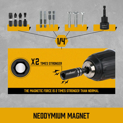 Image of ten 10Pc Magnetic Extension Socket Drill Bit Holder 1/4" Hex Screwdriver Nut Drivers arranged in two rows of five. The nut drivers, made from durable chrome vanadium steel, have the brand name "HORUSDY" written on them and feature a cylindrical shape with universal hex shanks for use with a drill or screwdriver.