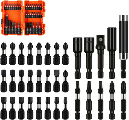 Image of a large set of high-quality black screwdriver bits and sockets, neatly arranged in rows. There are a variety of bit types and sizes shown, along with a couple of extension adaptors featuring torsion design. An orange plastic case holding additional items from the 34Pc Impact Screwdriver Bit Set Nut Driver Magnetic Drill Holder Quick Release is positioned in the upper left corner.