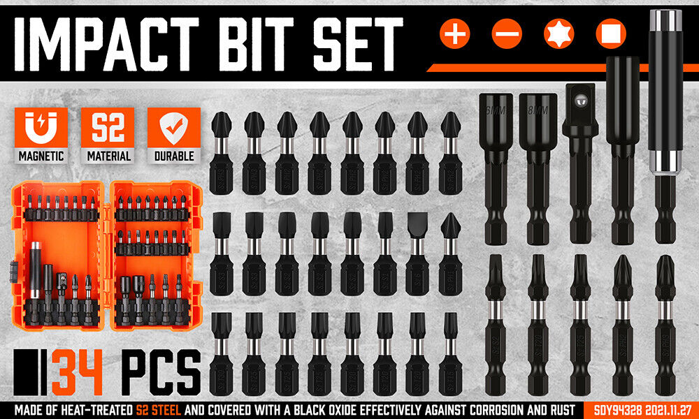 Image of a large set of high-quality black screwdriver bits and sockets, neatly arranged in rows. There are a variety of bit types and sizes shown, along with a couple of extension adaptors featuring torsion design. An orange plastic case holding additional items from the 34Pc Impact Screwdriver Bit Set Nut Driver Magnetic Drill Holder Quick Release is positioned in the upper left corner.