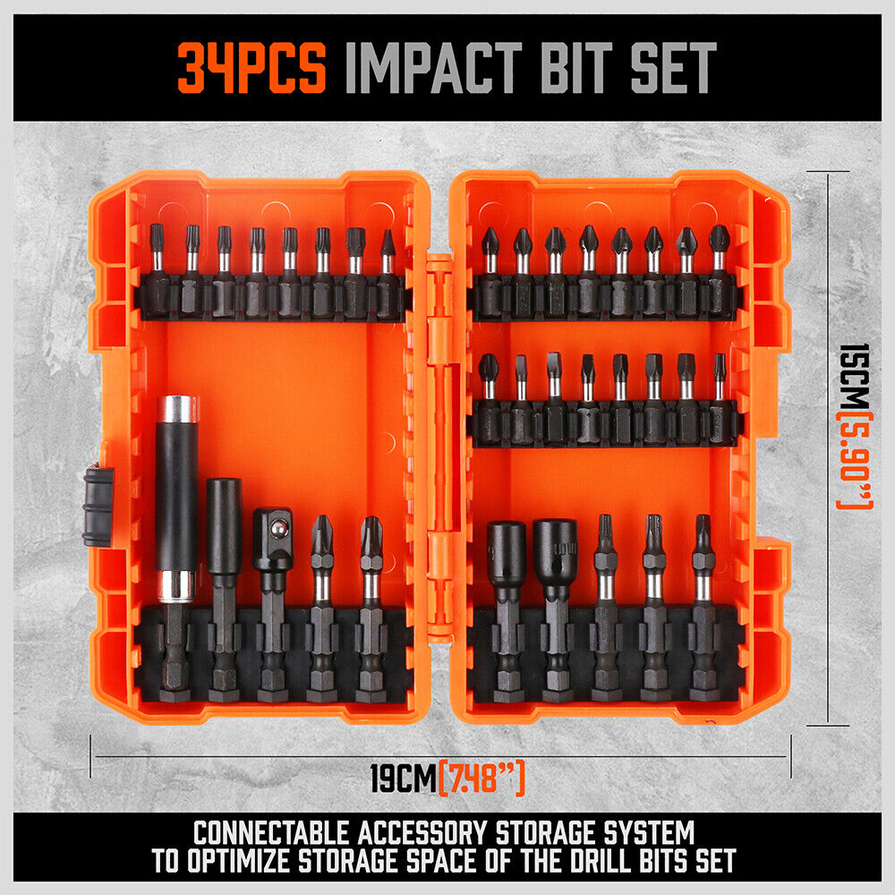 Image of a large set of high-quality black screwdriver bits and sockets, neatly arranged in rows. There are a variety of bit types and sizes shown, along with a couple of extension adaptors featuring torsion design. An orange plastic case holding additional items from the 34Pc Impact Screwdriver Bit Set Nut Driver Magnetic Drill Holder Quick Release is positioned in the upper left corner.