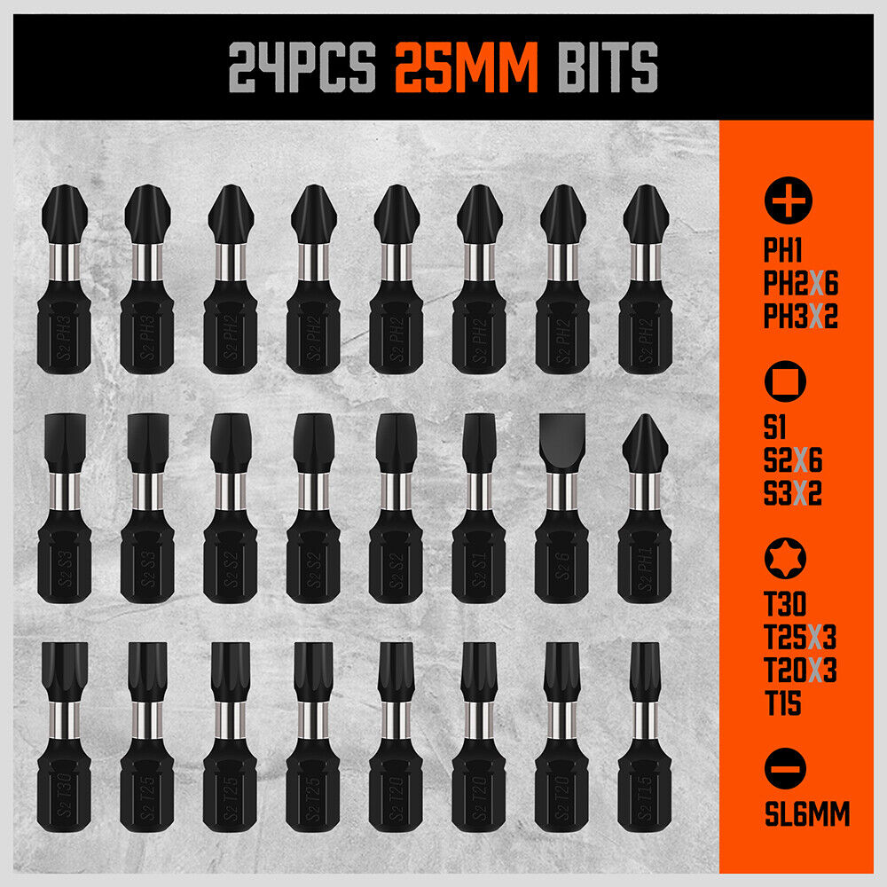 Image of a large set of high-quality black screwdriver bits and sockets, neatly arranged in rows. There are a variety of bit types and sizes shown, along with a couple of extension adaptors featuring torsion design. An orange plastic case holding additional items from the 34Pc Impact Screwdriver Bit Set Nut Driver Magnetic Drill Holder Quick Release is positioned in the upper left corner.