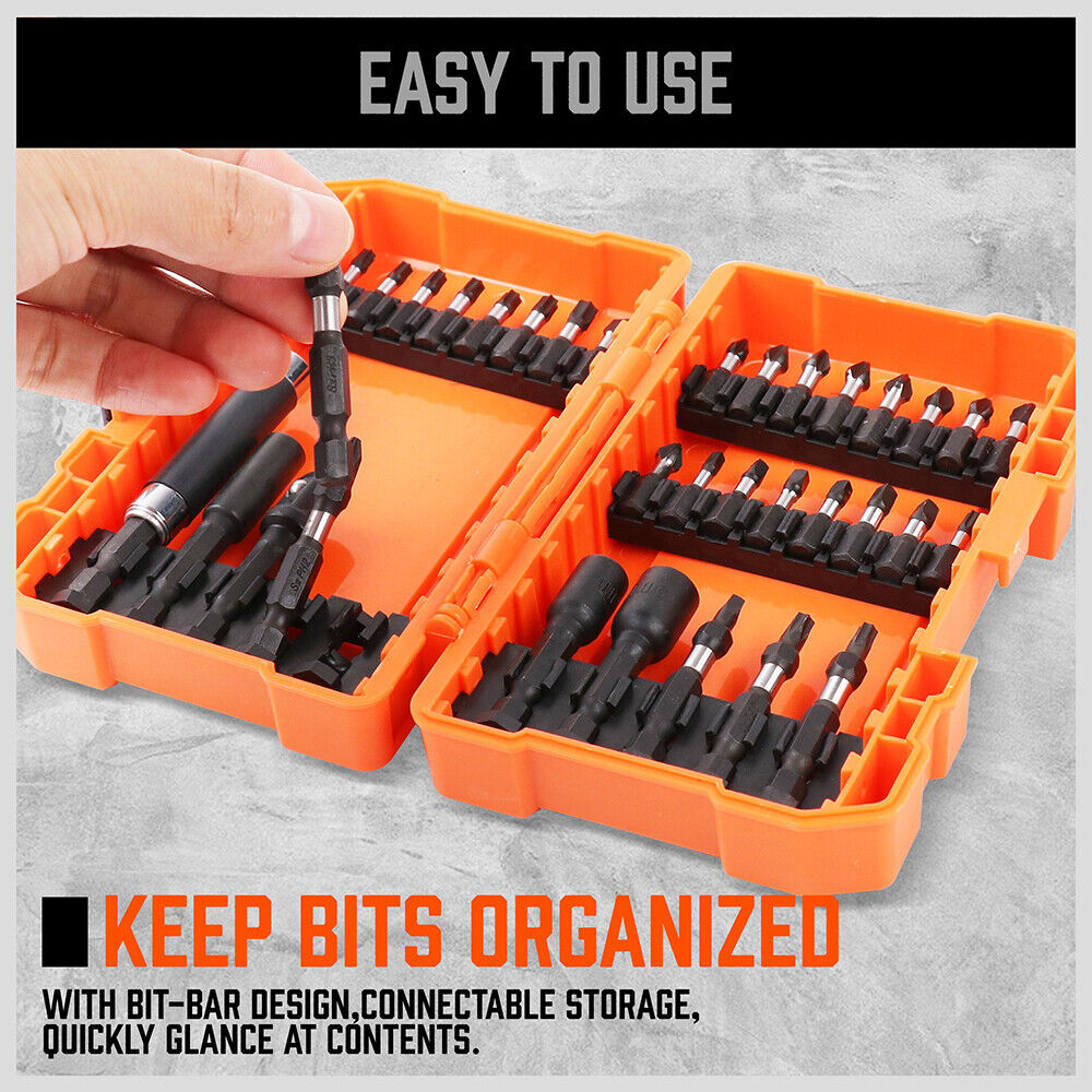 Image of a large set of high-quality black screwdriver bits and sockets, neatly arranged in rows. There are a variety of bit types and sizes shown, along with a couple of extension adaptors featuring torsion design. An orange plastic case holding additional items from the 34Pc Impact Screwdriver Bit Set Nut Driver Magnetic Drill Holder Quick Release is positioned in the upper left corner.