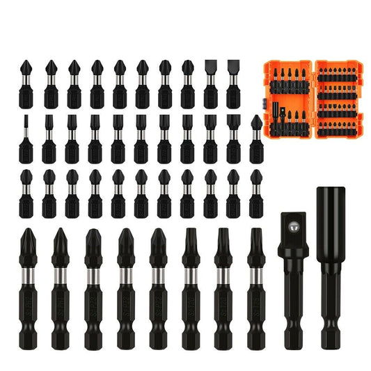 A comprehensive 42Pc Impact Screwdriver Bit Set Magnetic Drill Holder Socket Drilling Adapter, arranged in rows, featuring high-quality screwdriver bits in various types and sizes. The set includes Phillip, flathead, Torx, and square bits along with magnetic bit holders and adapters. Two orange plastic cases hold additional bits and accessories.