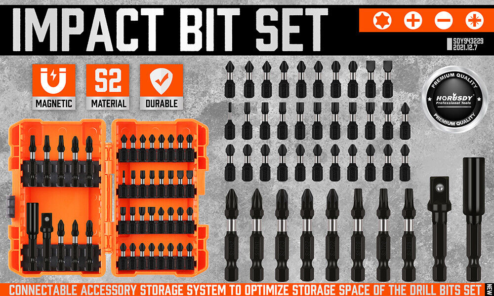 A comprehensive 42Pc Impact Screwdriver Bit Set Magnetic Drill Holder Socket Drilling Adapter, arranged in rows, featuring high-quality screwdriver bits in various types and sizes. The set includes Phillip, flathead, Torx, and square bits along with magnetic bit holders and adapters. Two orange plastic cases hold additional bits and accessories.