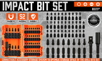 A comprehensive 42Pc Impact Screwdriver Bit Set Magnetic Drill Holder Socket Drilling Adapter, arranged in rows, featuring high-quality screwdriver bits in various types and sizes. The set includes Phillip, flathead, Torx, and square bits along with magnetic bit holders and adapters. Two orange plastic cases hold additional bits and accessories.