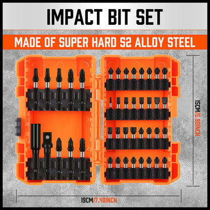 A comprehensive 42Pc Impact Screwdriver Bit Set Magnetic Drill Holder Socket Drilling Adapter, arranged in rows, featuring high-quality screwdriver bits in various types and sizes. The set includes Phillip, flathead, Torx, and square bits along with magnetic bit holders and adapters. Two orange plastic cases hold additional bits and accessories.