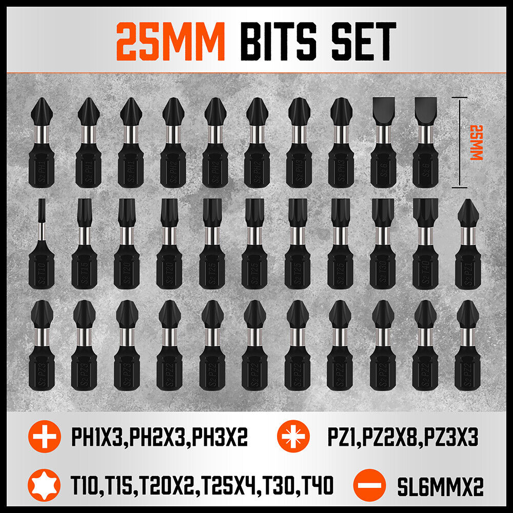 A comprehensive 42Pc Impact Screwdriver Bit Set Magnetic Drill Holder Socket Drilling Adapter, arranged in rows, featuring high-quality screwdriver bits in various types and sizes. The set includes Phillip, flathead, Torx, and square bits along with magnetic bit holders and adapters. Two orange plastic cases hold additional bits and accessories.