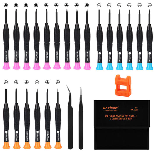 A 24-Piece Magnetic Precision Screwdriver Set - Small Screwdrivers for Eyeglasses, Phones, Watches Electronics Repair by Horusdy, featuring chrome vanadium steel for durability. The set includes different types of precision screwdrivers with ergonomic, color-coded handles, a magnetic bit holder, precision tweezers, and an organizing pouch. The screwdrivers are displayed in rows above the pouch.