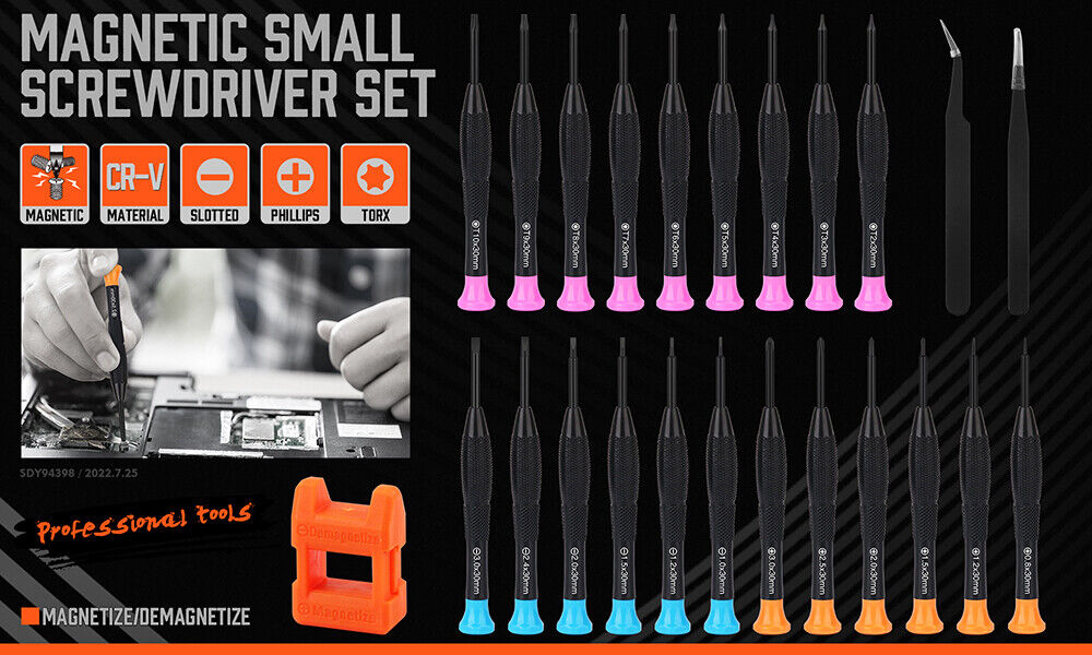 A 24-Piece Magnetic Precision Screwdriver Set - Small Screwdrivers for Eyeglasses, Phones, Watches Electronics Repair by Horusdy, featuring chrome vanadium steel for durability. The set includes different types of precision screwdrivers with ergonomic, color-coded handles, a magnetic bit holder, precision tweezers, and an organizing pouch. The screwdrivers are displayed in rows above the pouch.