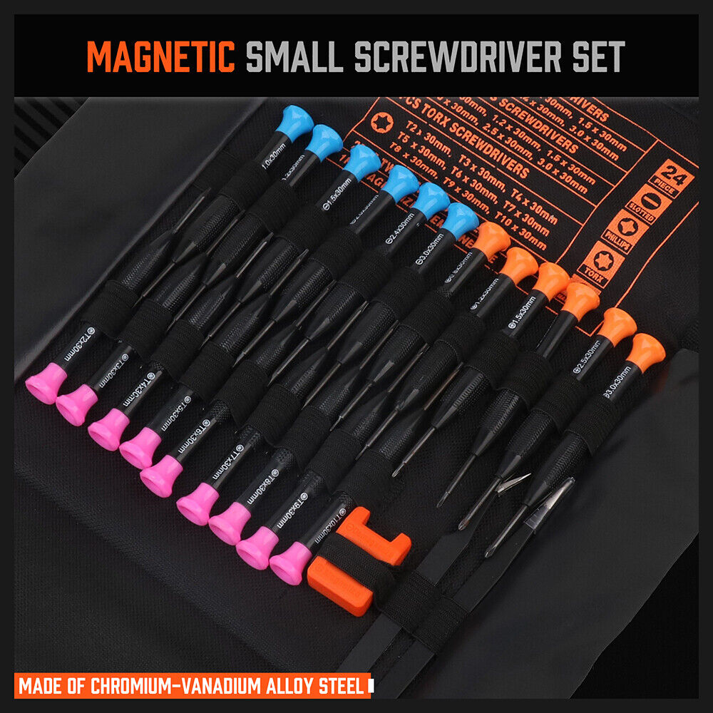 A 24-Piece Magnetic Precision Screwdriver Set - Small Screwdrivers for Eyeglasses, Phones, Watches Electronics Repair by Horusdy, featuring chrome vanadium steel for durability. The set includes different types of precision screwdrivers with ergonomic, color-coded handles, a magnetic bit holder, precision tweezers, and an organizing pouch. The screwdrivers are displayed in rows above the pouch.