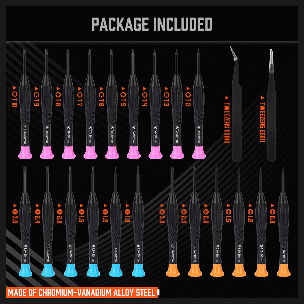 A 24-Piece Magnetic Precision Screwdriver Set - Small Screwdrivers for Eyeglasses, Phones, Watches Electronics Repair by Horusdy, featuring chrome vanadium steel for durability. The set includes different types of precision screwdrivers with ergonomic, color-coded handles, a magnetic bit holder, precision tweezers, and an organizing pouch. The screwdrivers are displayed in rows above the pouch.