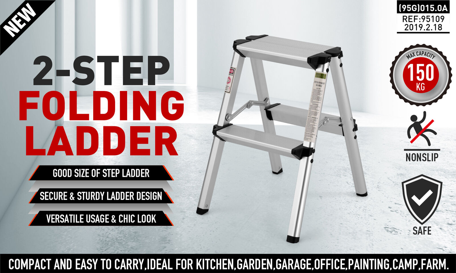 A small, silver, lightweight aluminum frame ladder with black plastic hinges and feet. This 2-Step Portable Folding Ladder, Aluminum Frame Lightweight Home Ladder with Anti Slip Design, 150KG Capacity is designed for indoor use, featuring an anti-slip surface. It is compact and ideal for reaching items on high shelves or completing light tasks around the house.