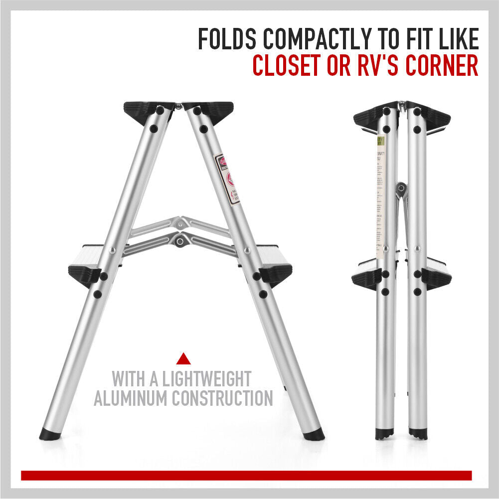 A small, silver, lightweight aluminum frame ladder with black plastic hinges and feet. This 2-Step Portable Folding Ladder, Aluminum Frame Lightweight Home Ladder with Anti Slip Design, 150KG Capacity is designed for indoor use, featuring an anti-slip surface. It is compact and ideal for reaching items on high shelves or completing light tasks around the house.