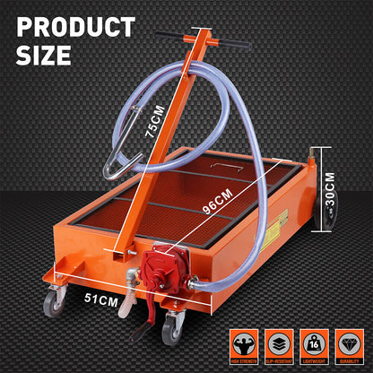 A HORUSDY 76L Low Profile Waste Oil Drainer Mobile Workshop Pump Vehicle 4WD Truck with a hose attached, featuring an ergonomic grip foldable handle for maneuvering. The tank is mounted on heavy duty wheels, with both swivel casters and fixed casters, and has a visible red manual pump for extracting oil.