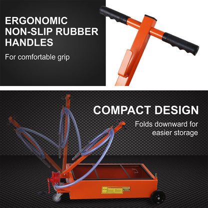 A HORUSDY 76L Low Profile Waste Oil Drainer Mobile Workshop Pump Vehicle 4WD Truck with a hose attached, featuring an ergonomic grip foldable handle for maneuvering. The tank is mounted on heavy duty wheels, with both swivel casters and fixed casters, and has a visible red manual pump for extracting oil.