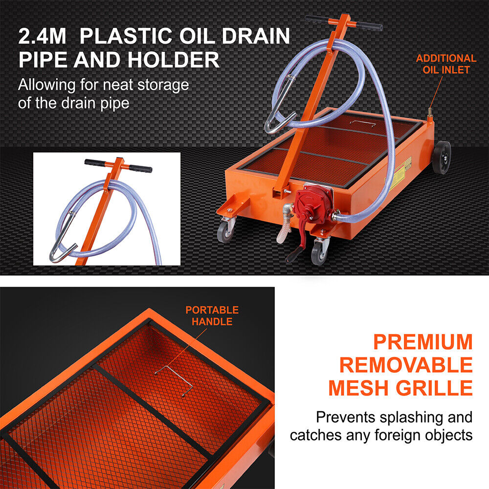 A HORUSDY 76L Low Profile Waste Oil Drainer Mobile Workshop Pump Vehicle 4WD Truck with a hose attached, featuring an ergonomic grip foldable handle for maneuvering. The tank is mounted on heavy duty wheels, with both swivel casters and fixed casters, and has a visible red manual pump for extracting oil.