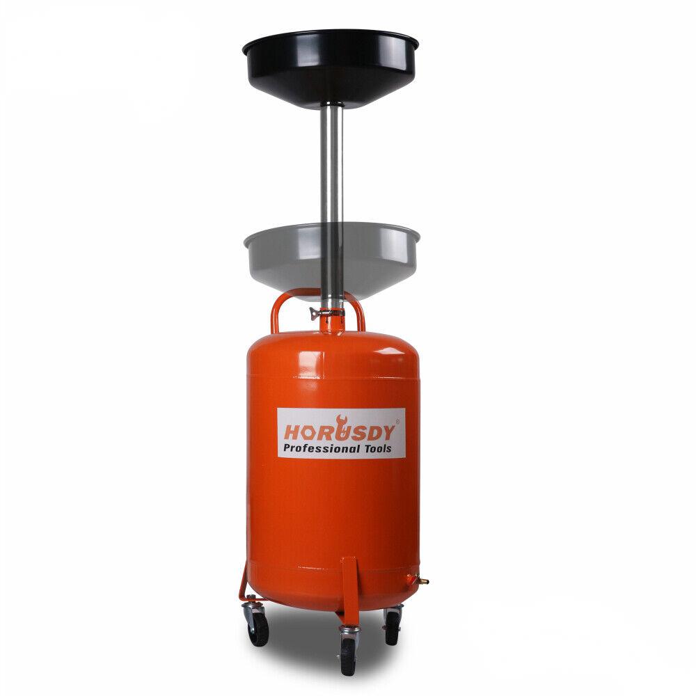 Orange HORUSDY 80L Mobile Waste Oil Drainer Telescopic Workshop Fluid Collection Tank on wheels with black catch basin and adjustable height. "HORUSDY Professional Tools" logo on the front. Features handles and a drain hose for easy usage and mobility. Sturdy design perfect for professional use in automotive workshop applications.