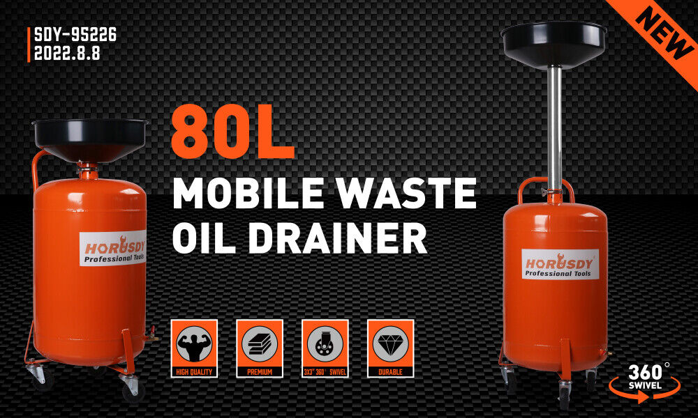 Orange HORUSDY 80L Mobile Waste Oil Drainer Telescopic Workshop Fluid Collection Tank on wheels with black catch basin and adjustable height. "HORUSDY Professional Tools" logo on the front. Features handles and a drain hose for easy usage and mobility. Sturdy design perfect for professional use in automotive workshop applications.