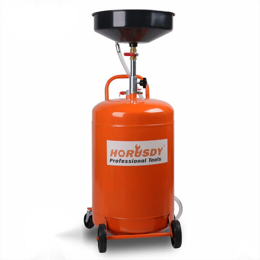 An orange HORUSDY 80L Pneumatic Waste Oil Drainer Fluid Transfer Tank Air Car Workshop on wheels, branded with "HORUSDY Professional Tools." It showcases a large reservoir with a hose, a black funnel on top for collecting fluids, and an adjustable telescopic lifting height for added convenience.