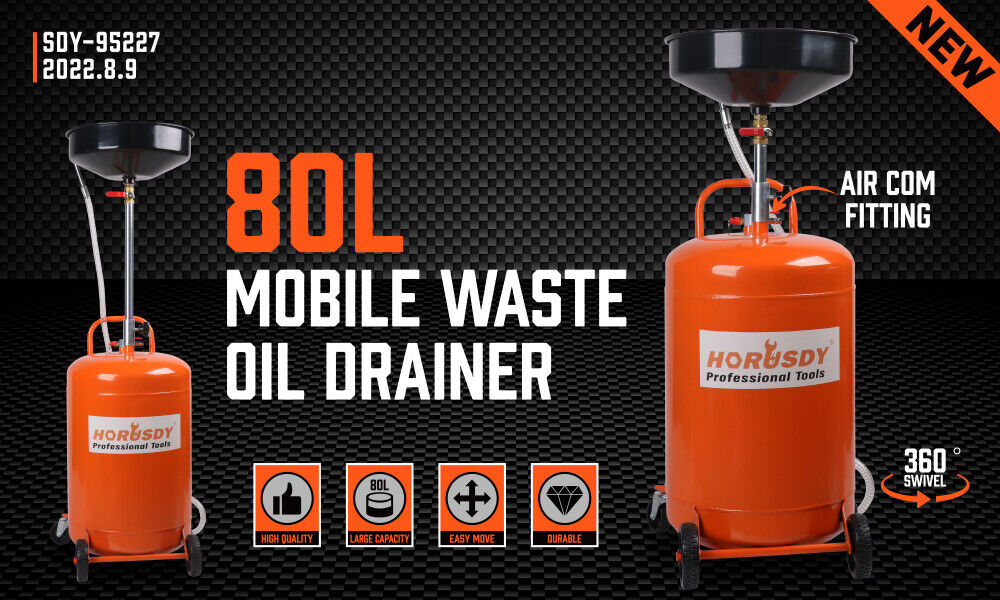 An orange HORUSDY 80L Pneumatic Waste Oil Drainer Fluid Transfer Tank Air Car Workshop on wheels, branded with "HORUSDY Professional Tools." It showcases a large reservoir with a hose, a black funnel on top for collecting fluids, and an adjustable telescopic lifting height for added convenience.