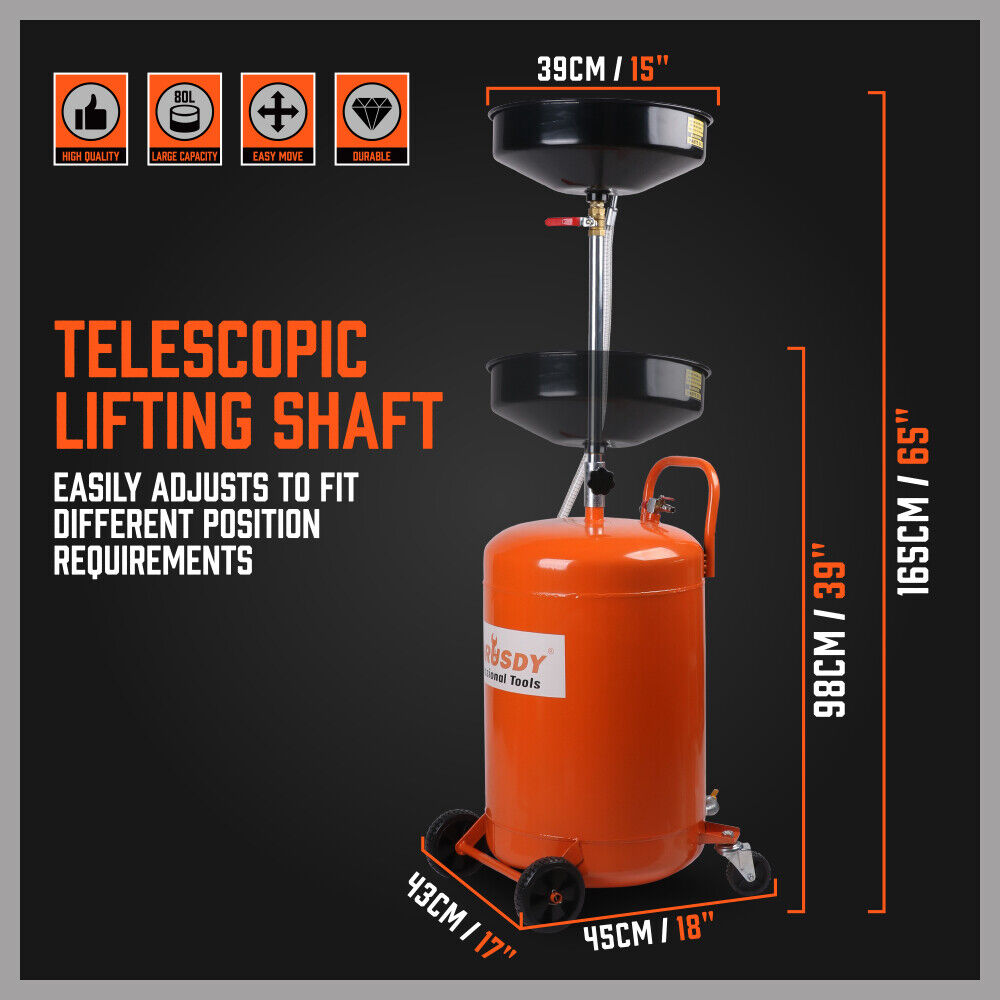 An orange HORUSDY 80L Pneumatic Waste Oil Drainer Fluid Transfer Tank Air Car Workshop on wheels, branded with "HORUSDY Professional Tools." It showcases a large reservoir with a hose, a black funnel on top for collecting fluids, and an adjustable telescopic lifting height for added convenience.