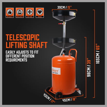 An orange HORUSDY 80L Pneumatic Waste Oil Drainer Fluid Transfer Tank Air Car Workshop on wheels, branded with "HORUSDY Professional Tools." It showcases a large reservoir with a hose, a black funnel on top for collecting fluids, and an adjustable telescopic lifting height for added convenience.