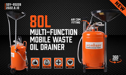 An orange HORUSDY 80L Waste Oil Drainer Pneumatic Fluid Collection Workshop with Extractor with easy maneuverability features a large black funnel on top, multiple hoses, an 80L capacity, and small wheels for mobility. The device also boasts a telescopic lifting shaft for efficient transferring and collecting of oil and other fluids.