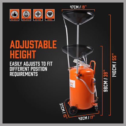 An orange HORUSDY 80L Waste Oil Drainer Pneumatic Fluid Collection Workshop with Extractor with easy maneuverability features a large black funnel on top, multiple hoses, an 80L capacity, and small wheels for mobility. The device also boasts a telescopic lifting shaft for efficient transferring and collecting of oil and other fluids.