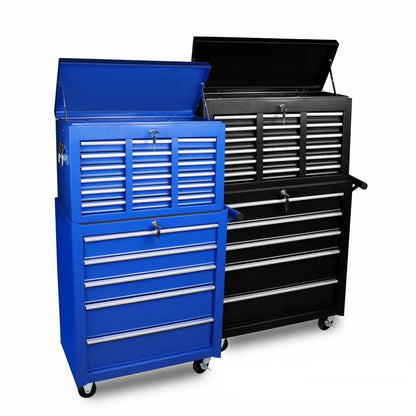 Two large, multi-drawer tool chests are shown side by side. The one on the left is blue with seven lockable drawers and a top compartment. The one on the right is black with five drawers and a top compartment. Both have wheels for mobility, feature secure locking mechanisms, and are made of powder-coated steel. These tool chests are part of the 15-Drawer Tool Box Trolley Cabinet - Lockable Storage Cart Garage Toolbox Organizer System.