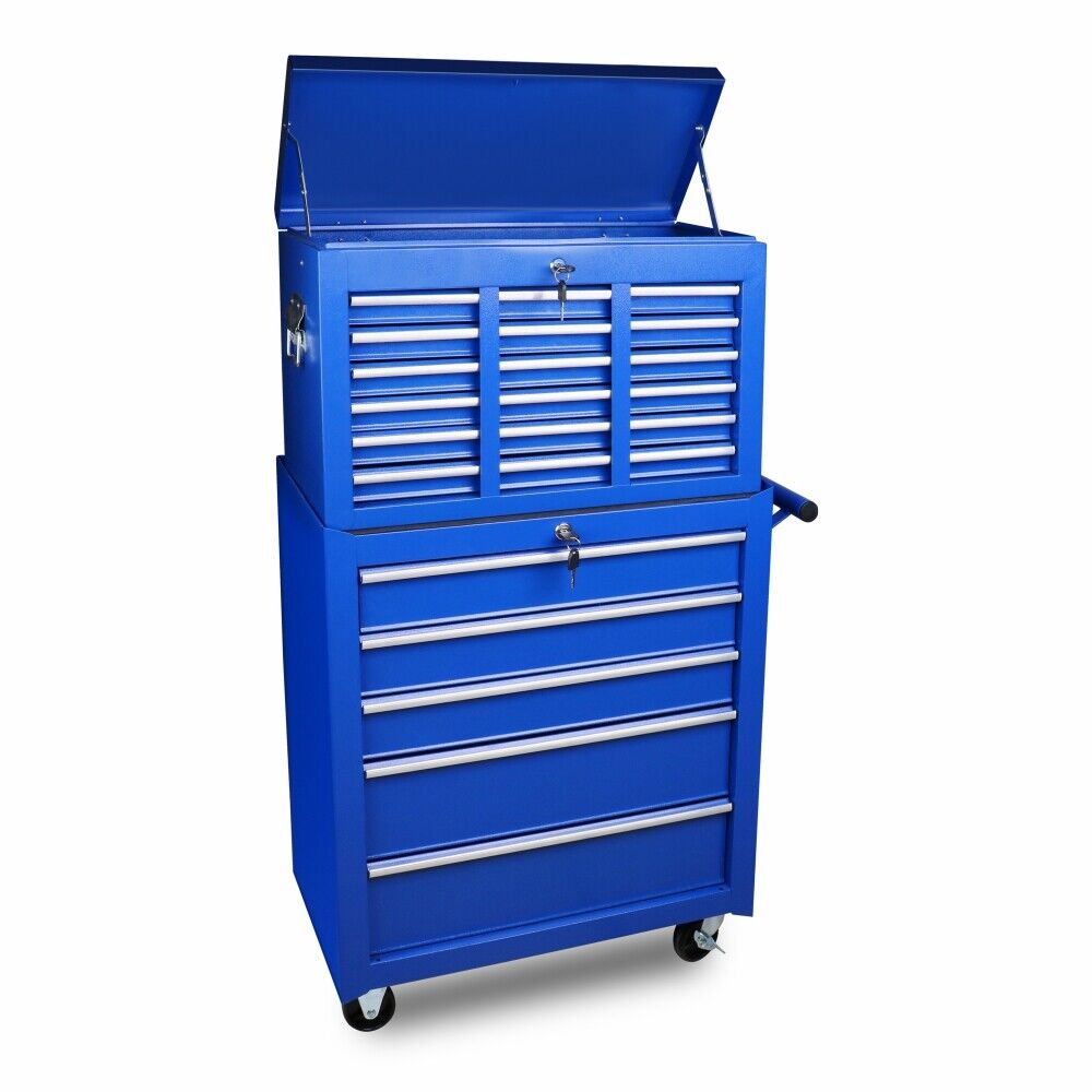 Two large, multi-drawer tool chests are shown side by side. The one on the left is blue with seven lockable drawers and a top compartment. The one on the right is black with five drawers and a top compartment. Both have wheels for mobility, feature secure locking mechanisms, and are made of powder-coated steel. These tool chests are part of the 15-Drawer Tool Box Trolley Cabinet - Lockable Storage Cart Garage Toolbox Organizer System.