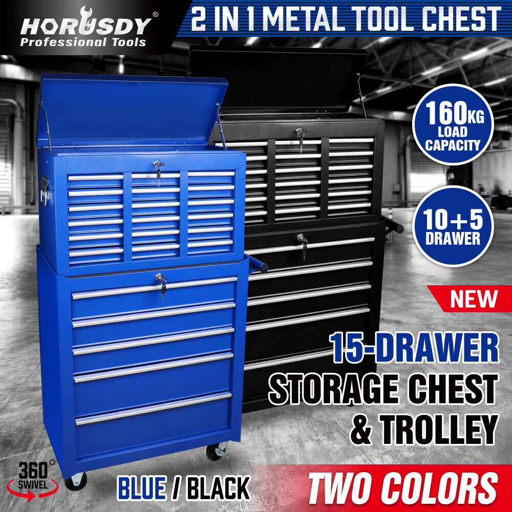 Two large, multi-drawer tool chests are shown side by side. The one on the left is blue with seven lockable drawers and a top compartment. The one on the right is black with five drawers and a top compartment. Both have wheels for mobility, feature secure locking mechanisms, and are made of powder-coated steel. These tool chests are part of the 15-Drawer Tool Box Trolley Cabinet - Lockable Storage Cart Garage Toolbox Organizer System.