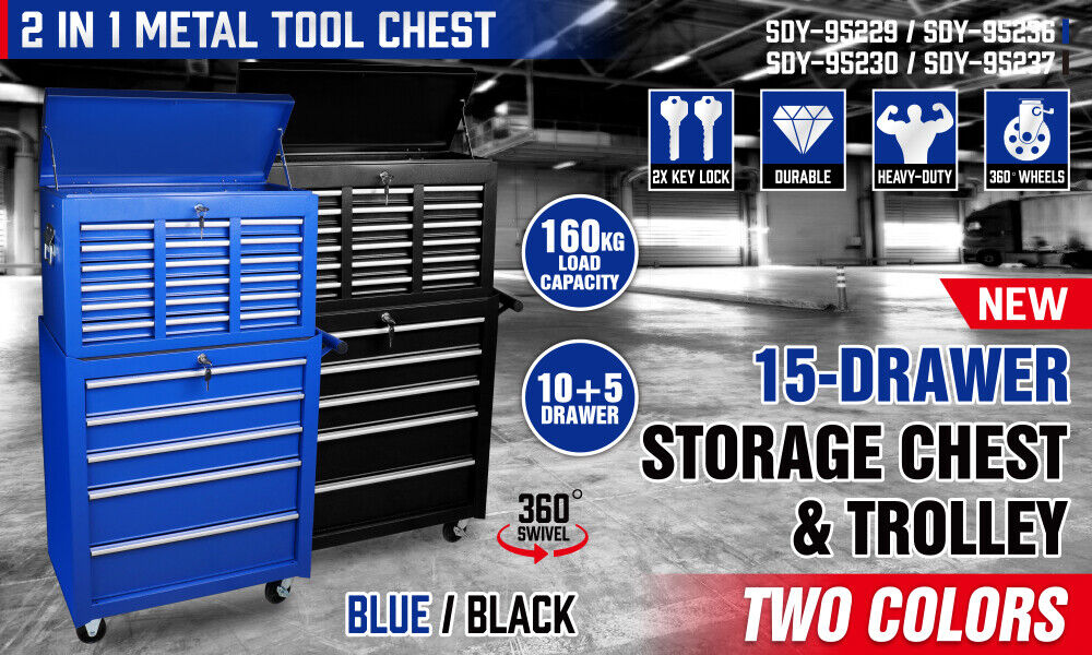 Two large, multi-drawer tool chests are shown side by side. The one on the left is blue with seven lockable drawers and a top compartment. The one on the right is black with five drawers and a top compartment. Both have wheels for mobility, feature secure locking mechanisms, and are made of powder-coated steel. These tool chests are part of the 15-Drawer Tool Box Trolley Cabinet - Lockable Storage Cart Garage Toolbox Organizer System.