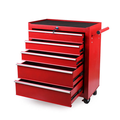 A red rolling tool cabinet with durable construction featuring six drawers of varying sizes, some of which are open, revealing empty compartments. The 5-Drawer Tool Storage Trolley Cart - Heavy Duty Garage Cabinet Organizer with Lockable Wheels has a handle on one side and is mounted on four casters for mobility.