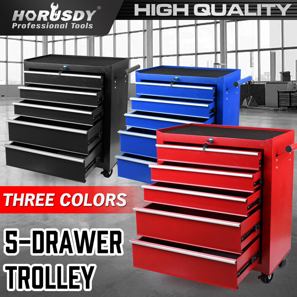 A red rolling tool cabinet with durable construction featuring six drawers of varying sizes, some of which are open, revealing empty compartments. The 5-Drawer Tool Storage Trolley Cart - Heavy Duty Garage Cabinet Organizer with Lockable Wheels has a handle on one side and is mounted on four casters for mobility.