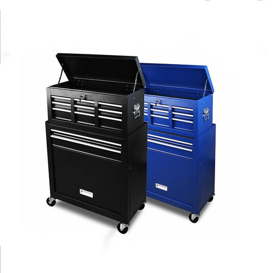 Two 7-Drawer Tool Box Chest Cabinets Trolley - Heavy Duty Toolbox Garage Storage with Lockable Wheels, one black and one blue, stand side by side. Crafted from durable powder-coated steel, both chests have several drawers and an open top section. Each chest is on wheels for mobility and features silver handles and accents. The background is plain white.