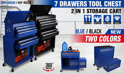 Two 7-Drawer Tool Box Chest Cabinets Trolley - Heavy Duty Toolbox Garage Storage with Lockable Wheels, one black and one blue, stand side by side. Crafted from durable powder-coated steel, both chests have several drawers and an open top section. Each chest is on wheels for mobility and features silver handles and accents. The background is plain white.