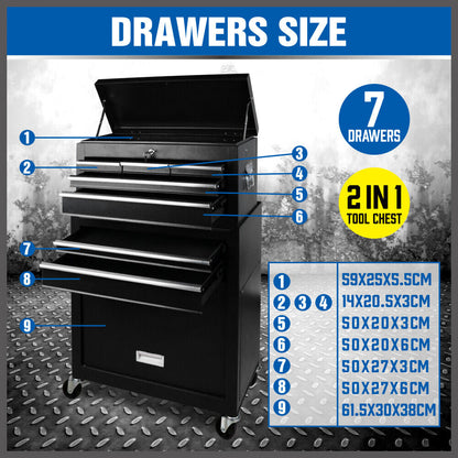 Two 7-Drawer Tool Box Chest Cabinets Trolley - Heavy Duty Toolbox Garage Storage with Lockable Wheels, one black and one blue, stand side by side. Crafted from durable powder-coated steel, both chests have several drawers and an open top section. Each chest is on wheels for mobility and features silver handles and accents. The background is plain white.