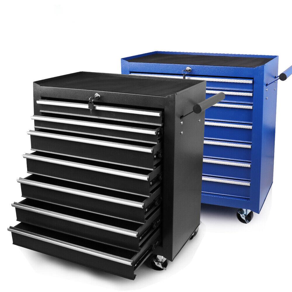 Two 7-Drawer Drawer Tool Box Trolley Cabinets - Blue or Black Heavy Duty Tool Chest Garage Storage Cart Organizers on wheels are shown. The chest in the foreground is black, featuring eight drawers with smooth ball-bearing slides, while the one in the background is blue with six drawers and a top storage compartment. Both powder-coated steel chests have handles and multiple drawers for organizing tools.