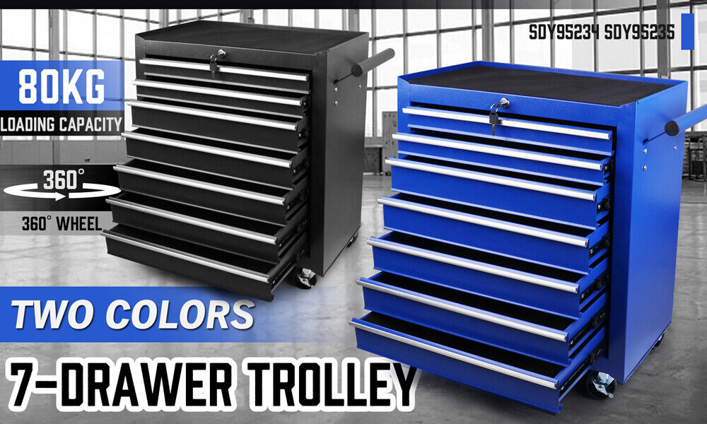 Two 7-Drawer Drawer Tool Box Trolley Cabinets - Blue or Black Heavy Duty Tool Chest Garage Storage Cart Organizers on wheels are shown. The chest in the foreground is black, featuring eight drawers with smooth ball-bearing slides, while the one in the background is blue with six drawers and a top storage compartment. Both powder-coated steel chests have handles and multiple drawers for organizing tools.