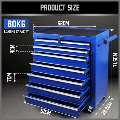 Two 7-Drawer Drawer Tool Box Trolley Cabinets - Blue or Black Heavy Duty Tool Chest Garage Storage Cart Organizers on wheels are shown. The chest in the foreground is black, featuring eight drawers with smooth ball-bearing slides, while the one in the background is blue with six drawers and a top storage compartment. Both powder-coated steel chests have handles and multiple drawers for organizing tools.