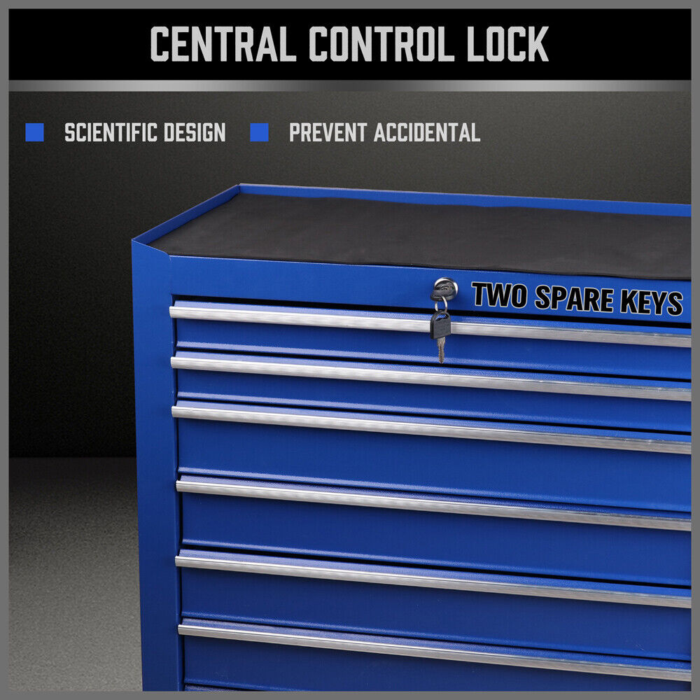 Two 7-Drawer Drawer Tool Box Trolley Cabinets - Blue or Black Heavy Duty Tool Chest Garage Storage Cart Organizers on wheels are shown. The chest in the foreground is black, featuring eight drawers with smooth ball-bearing slides, while the one in the background is blue with six drawers and a top storage compartment. Both powder-coated steel chests have handles and multiple drawers for organizing tools.