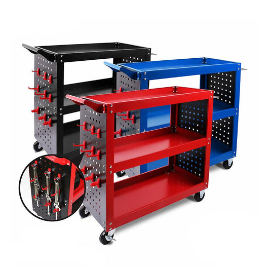 Three 3-Tier Heavy Duty Steel Tool Trolleys - Workshop Carts with Pegboard, Hooks and Locking Swivel Casters, one black, one blue, and one red, are shown. Each cart features heavy-duty construction with three shelves, a pegboard side panel with multiple hooks for tool storage, and caster wheels for mobility. An inset circle shows a close-up of tools hanging on hooks.