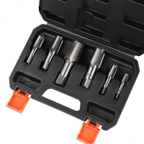 A black plastic carrying case with orange latches is open to reveal a HORUSDY 6Pc NPT Pipe Tap Set Thread Tap Screw Tool 1/8" 1/4" 3/8" 1/2" 3/4" 1". The right-hand cutting tools are neatly arranged in individual slots within the case.